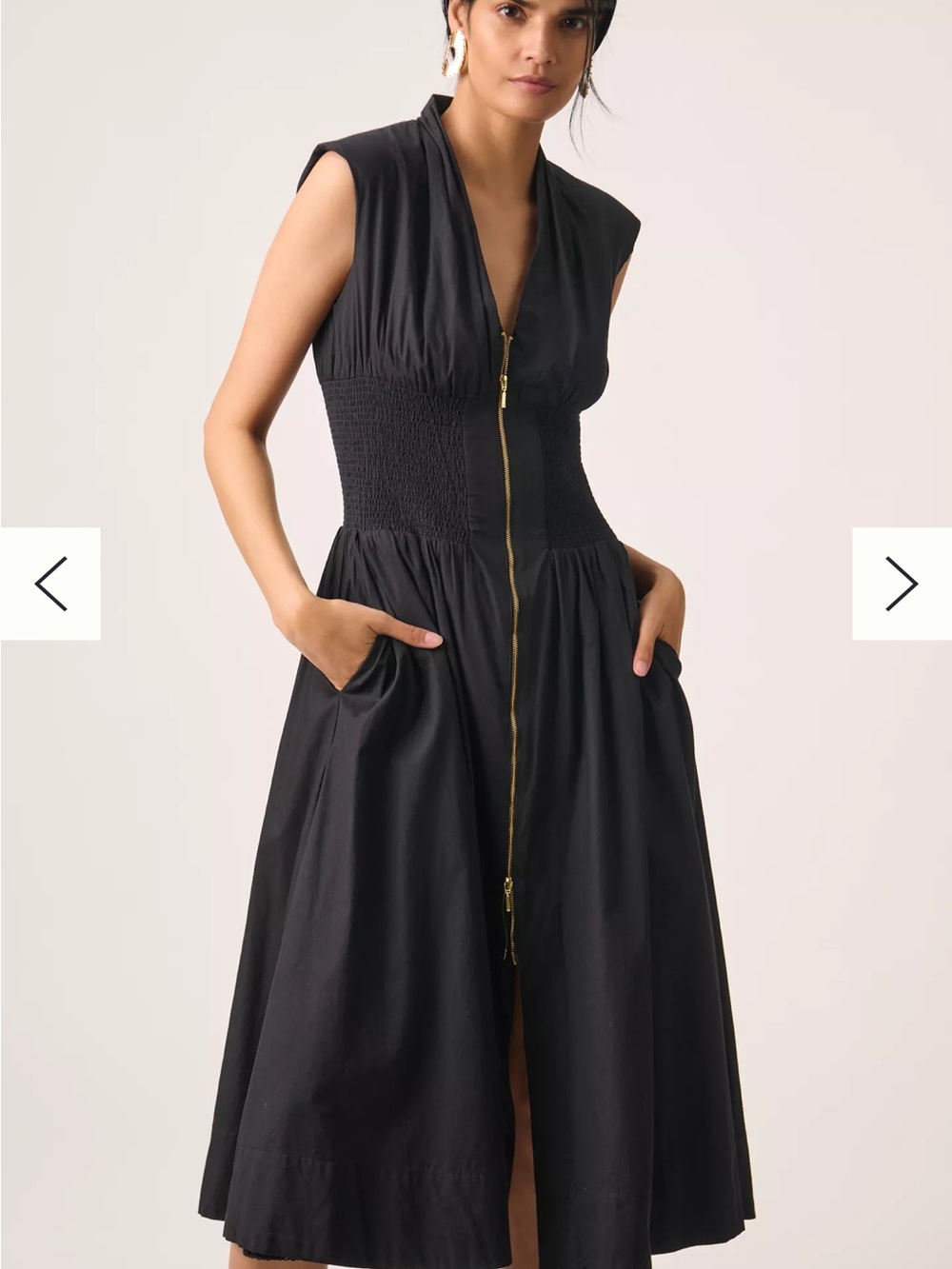 Anthropologie Black Sleeveless Zip-Front Smocked-Waist Midi Dress